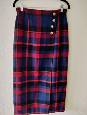 Vintage Breeches 100% Wool Plaid Wrap Skirt Red Blue Size 10